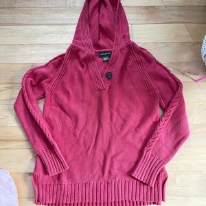 Eddie Bauer Women's Red V-Neck Sweater with Hood
